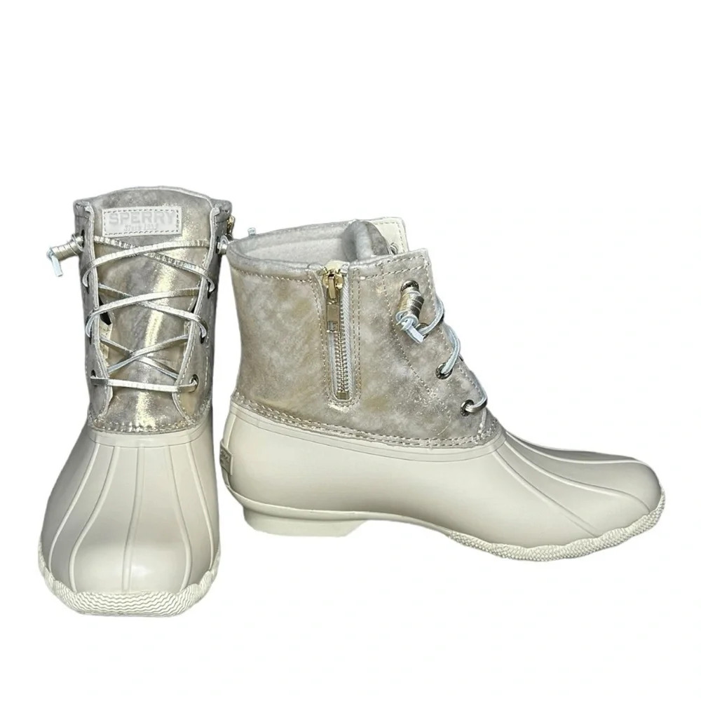 SPERRY Top-Sider Women’s Saltwater Shimmer Leather Ivory Duck Booties Size 8